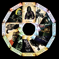 Aperçu artistique d’un jeu de poker gothique – 12 cartes disposées en cercle, portraits macabres et vanités numériques par Cyb