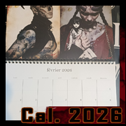 Calendrier 2026 par Cyb – portraits sombres d’un démon blond et d’une femme cornue tenant une poupée, pour le mois de février.