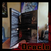 Main feuilletant le livret de l’Oracle des Ombres par Cyb, guide illustré des cartes gothiques et symboliques.