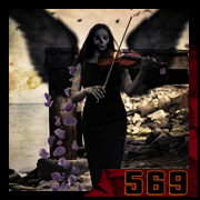 Femme zombie en robe noire jouant du violon, ailes sombres et pluie de pétales – création 569 par Cyb