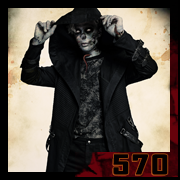 Hooded zombie man in black coat, macabre gaze – creation 570 by Cyb