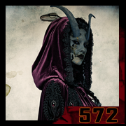 Masked woman in digital vanitas, draped in a crimson velvet cloak with horns – creation 572 by Cyb