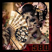 Demonic geisha in a flowery kimono, altered face with multiple eyes and tongues, holding a fan, atmosphere of dark vanity. – creation 580 by Cyb