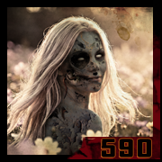 <Femme zombie dans un champ de fleurs – portrait sombre et vanité numérique. – création 590 par Cyb