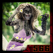 Zombified woman in purple crochet swimwear, straw hat, holding grapes – digital vanity, creation 566 by Cyb