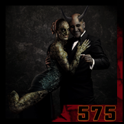 Couple macabre dansant le tango, femme zombifiée en robe élégante et homme cornu en costume, atmosphère de vanité sombre. – création 575 par Cyb