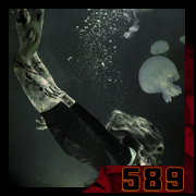 Woman submerged among jellyfish – dark aquatic scene and digital vanity. – creation 589 by Cyb